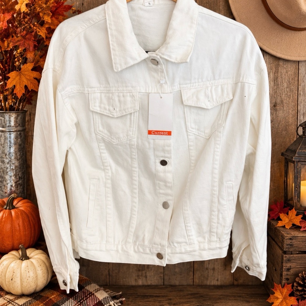 Current/Elliott Off-White Denim Trucker Jacket